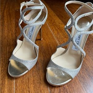Jimmy Choo Metallic Neutral Glitter Strappy Heels | Size 37.5 | Box & Dust Bag